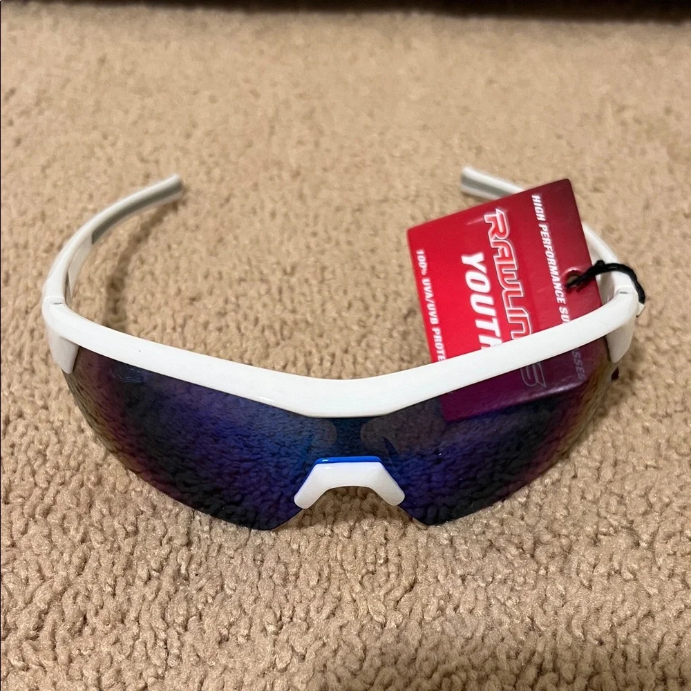 New Rawlings RY134 Youth Baseball Shielded Sunglasses white blue mirror lenses